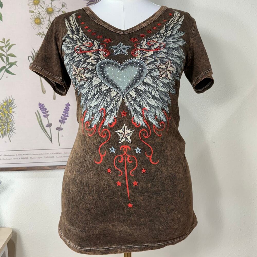 90s Y2k Angel Wing Embellished Tee Grunge Trashy McBling Rockstar Girlfriend M